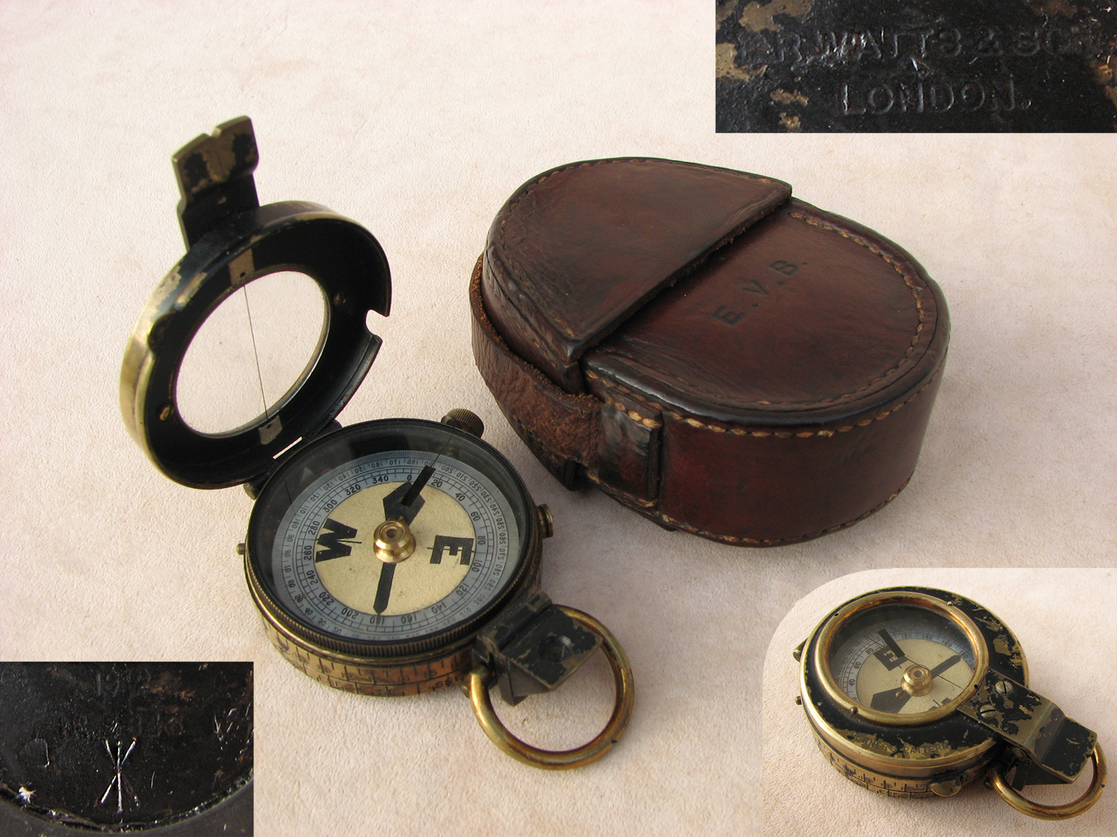 E. R. Watts 1912 Verner's Pattern MK VI marching compass with case